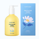 Yellow bottle of 'I'm Not a Baby' top to toe wash with a blue box featuring a daisy design on a white background.