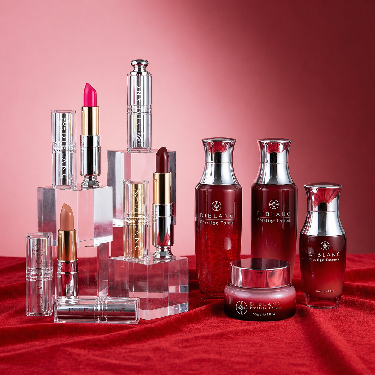 Diblanc skincare and makeup products on a red background