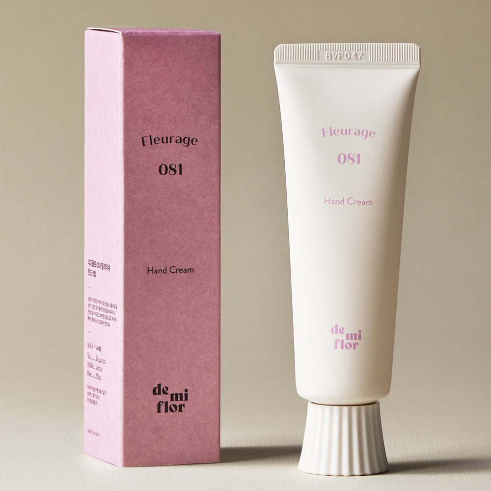 Hand cream tube and packaging with 'Fleurage 081' branding on a beige background
