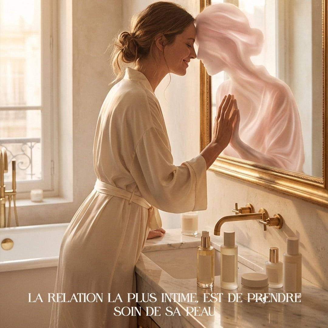 Woman in a bathrobe standing in front of a mirror in a bathroom, with text about taking care of one's skin.